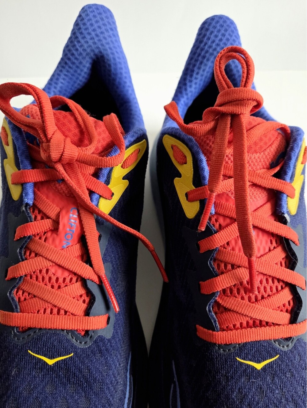 Hoka (8 Wide) Clifton 9 Road Running Shoes, Navy Blue Orange & Yellow - Picture 12 of 15